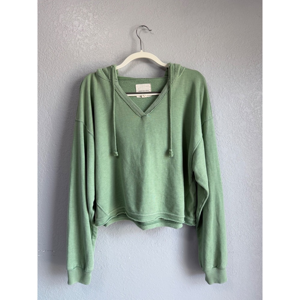 American Eagle Sage Green Cropped V-Neck Hoodie Sweatshirt XL Raw Hem Casual